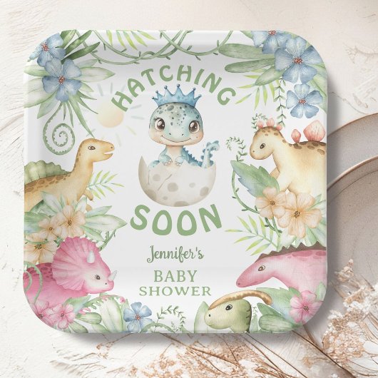 Hatching Soon Dino Boy Dinosaur Baby Shower Papieren Bordje