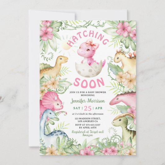 Hatching Soon Dino Girl Dinosaur Baby Shower Kaart (Voorkant)