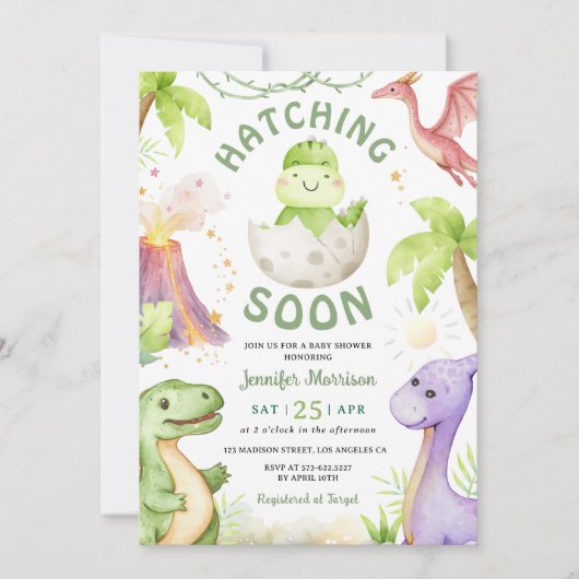 Hatching Soon Dinosaur Baby Shower Gender Neutral Kaart (Voorkant)