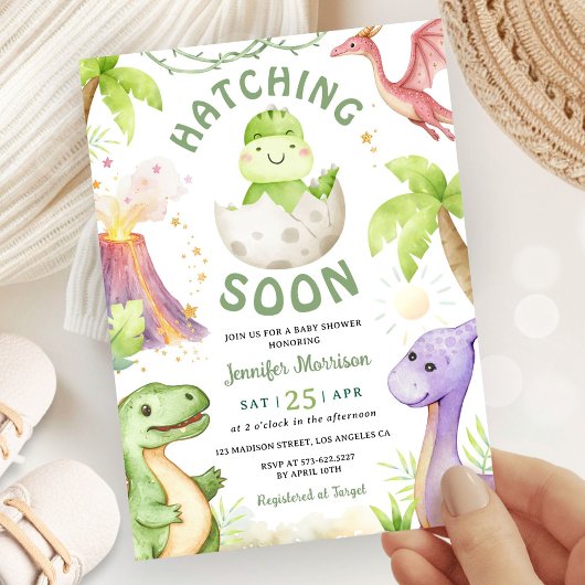 Hatching Soon Dinosaur Baby Shower Gender Neutral Kaart