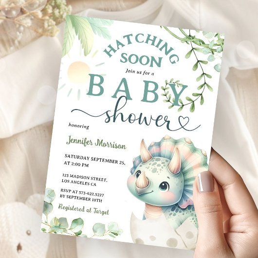 Hatching Soon Dinosaur Baby shower Girl Pink Green Kaart