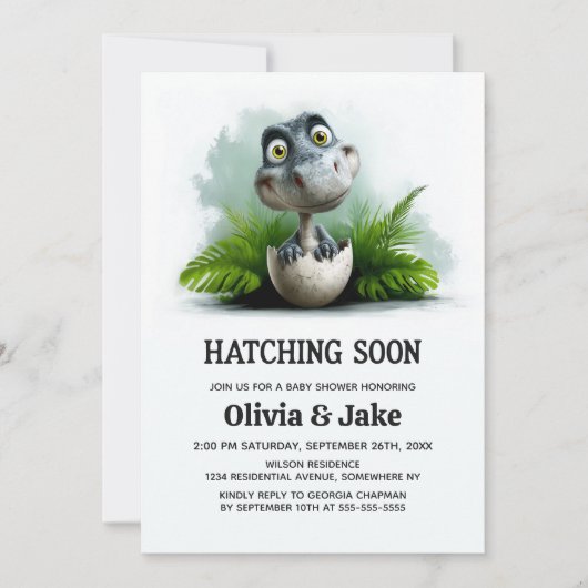 Hatching Soon Dinosaur Baby Shower Invitation Kaart (Voorkant)