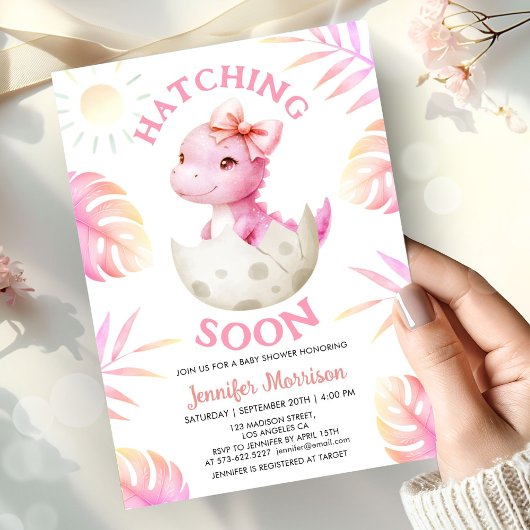 Hatching Soon Girl Dinosaur Baby Shower Cute Pink Kaart