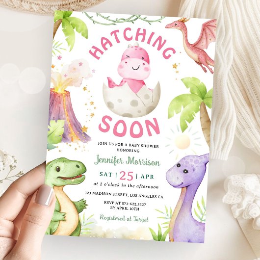 Hatching Soon Girl Dinosaur Baby Shower Kaart