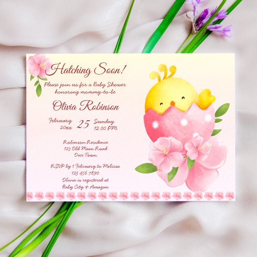 Hatching soon girl roze spring baby shower kaart