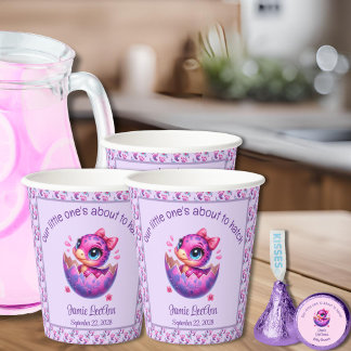 "Hatching Soon" Paarse dinosaurus Baby shower Papieren Bekers