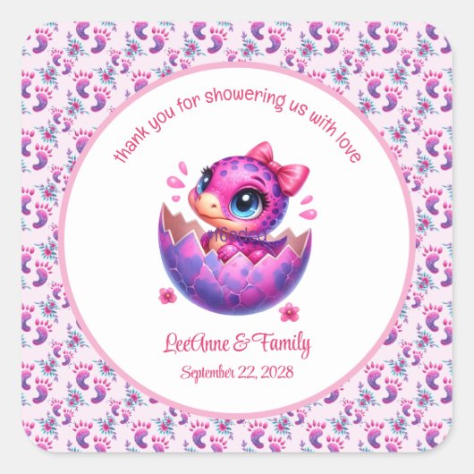 "Hatching Soon" Roze Dinosaurus Baby shower Vierkante Sticker (Voorkant)