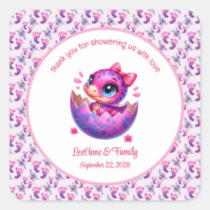 "Hatching Soon" Roze Dinosaurus Baby shower Vierkante Sticker