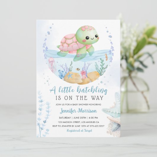 Hatchling Baby shower Roze Zee Schildpad Waterverf Kaart (Staand voorkant)