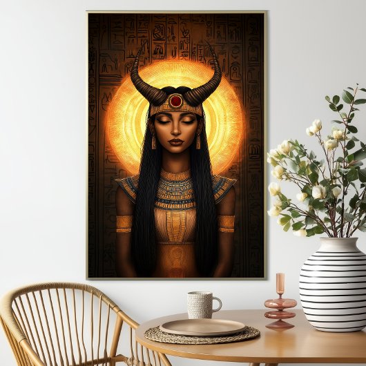 Hathor Egyptische Gehoornde Godin Goud Bruine Kuns Poster