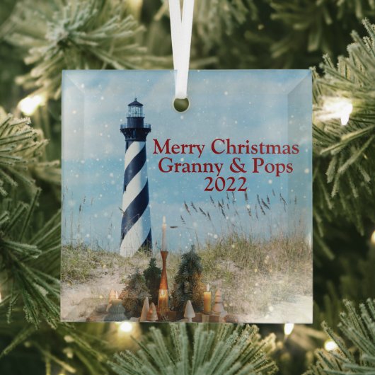 Hatteras Lighthouse OBX Beach Kerstmis - Glas Ornament (Insitu)