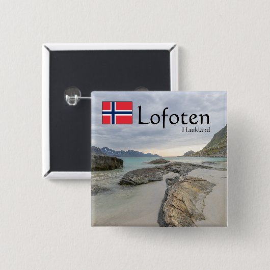 Haukland Souvenir Vierkante Button 5,1 Cm (Voorkant /achterkant)