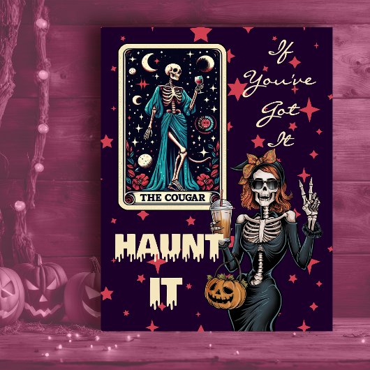 Haunt It Funny Cougar Halloween Skelet Feestdagenkaart