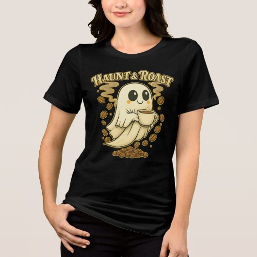Haunt & Roast Halloween Schattigee Ghost Coffee Lo Tri-Blend Shirt (Voorkant)