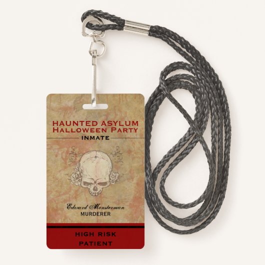 Haunted Asylum Halloween Party Gevangene Badge (Voorkant met draagriem)