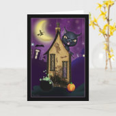 Haunted Black Cat Witch House Blank Wenskaart Kaart (Gele Bloem)