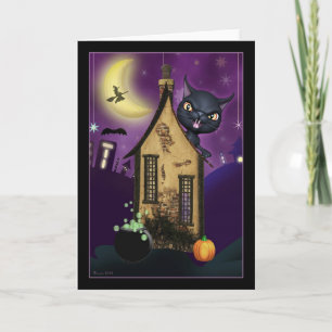 Haunted Black Cat Witch House Blank Wenskaart Kaart