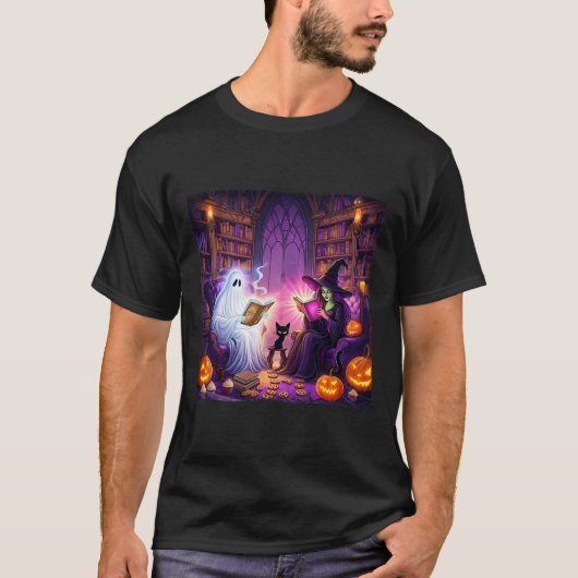 Haunted Bookstore Halloween Retro Bookish Witch Bo T-shirt (Voorkant)
