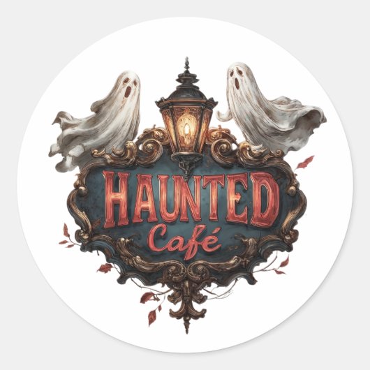 Haunted Café Design met spoken en lampen Ronde Sticker (Voorkant)