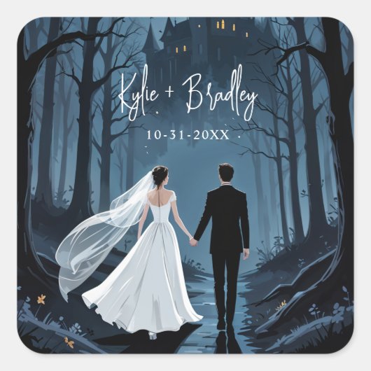 Haunted Castle Halloween Wedding or Engagement Vierkante Sticker (Voorkant)
