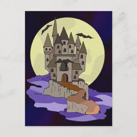 Haunted Castle, vleermuizen en volle maan Cartoon Briefkaart (Voorkant)