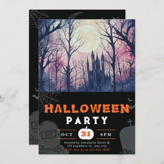 Haunted Castle Volle Maan Roze Hemel Zwart Hallowe Kaart (Voorkant / Achterkant)