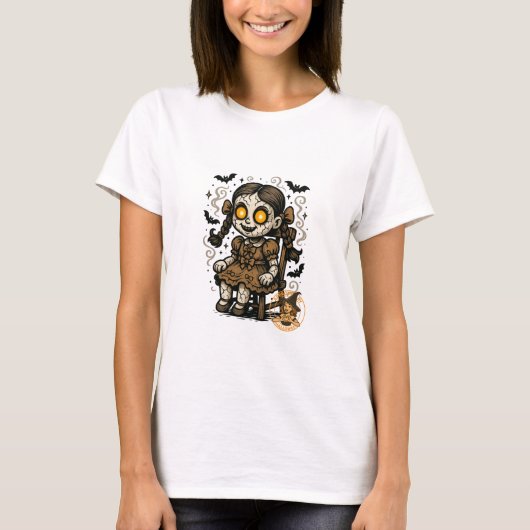 Haunted Doll – Halloween Cartoon T-shirt (Voorkant)