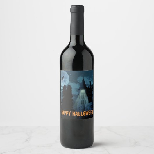 Haunted Gothic Mansion Halloween Wijn Etiket (Voorkant)
