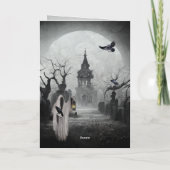 Haunted Graveyard and Gate Keeper Scary Halloween Kaart (Achterkant)