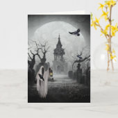 Haunted Graveyard and Gate Keeper Scary Halloween Kaart (Gele Bloem)