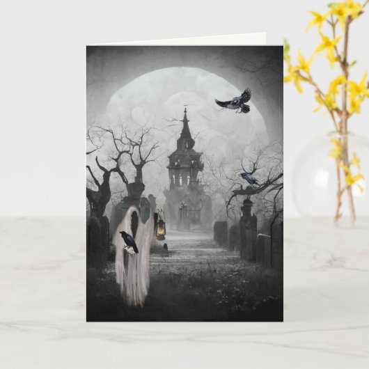 Haunted Graveyard and Gate Keeper Scary Halloween Kaart (Gele Bloem)