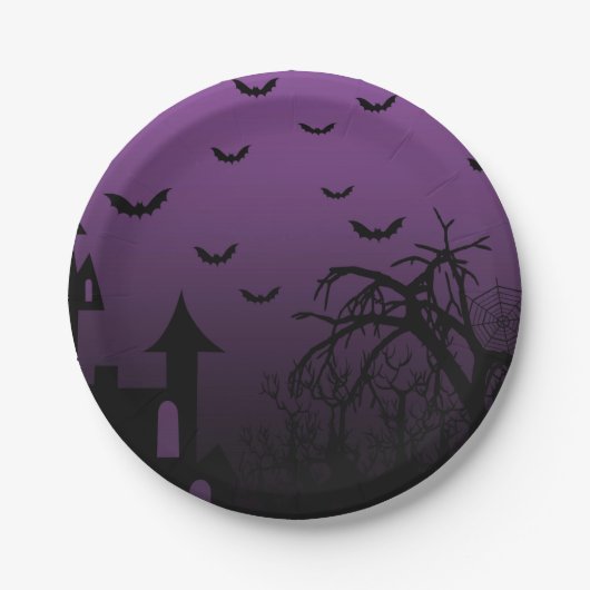 Haunted Halloween House Bats Trees Papieren Bordje (Voorkant)