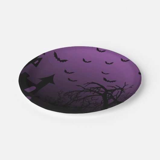 Haunted Halloween House Bats Trees Papieren Bordje (Gekanteld)