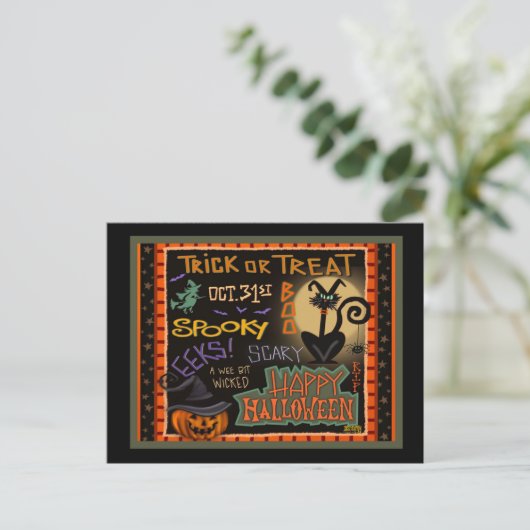 Haunted Halloween pompoen zwart kat leraar Briefkaart (Staand voorkant)