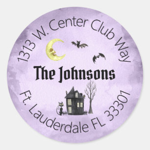 Haunted Halloween Spooky Paarse Adresetiketten Ronde Sticker