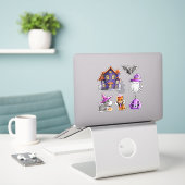 Haunted Halloween Town Paarse Pumpkin Sticker (Laptop op bureau)