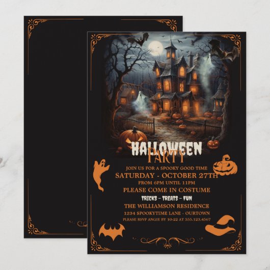 Haunted Hill Sinaasappel Halloween Party Kaart (Voorkant / Achterkant)