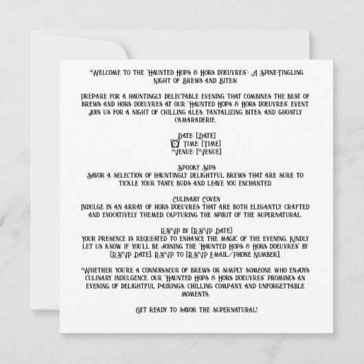 👻🍺 "Haunted Hops & Hors d'oeuvres"🍺 👻 Kaart (Achterkant)