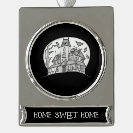 Haunted House and Bats Halloween Verzilverd Banner Ornament (Voorkant)