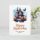 Haunted House Bats Moon Jack O'Lanterns Halloween Feestdagenkaart (Staand voorkant)