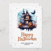 Haunted House Bats Moon Jack O'Lanterns Halloween Feestdagenkaart (Voorkant / Achterkant)