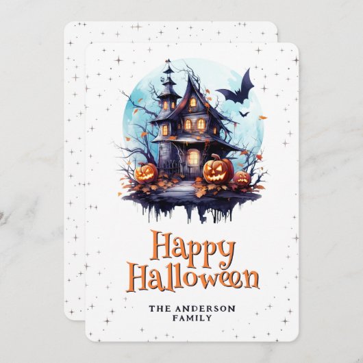 Haunted House Bats Moon Jack O'Lanterns Halloween Feestdagenkaart (Voorkant / Achterkant)