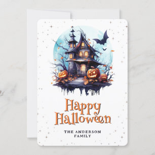 Haunted House Bats Moon Jack O'Lanterns Halloween Feestdagenkaart