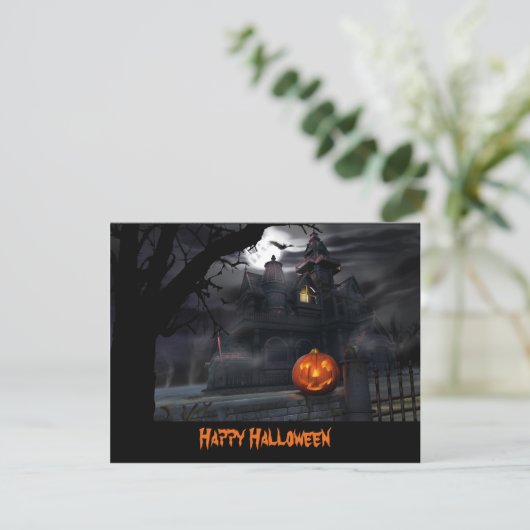 Haunted House Bats Pumpkin Halloween Uitnodiging (Staand voorkant)