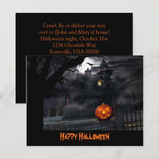 Haunted House Bats Pumpkin Halloween Uitnodiging (Voorkant / Achterkant)