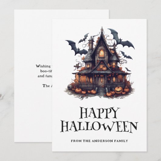 Haunted House Bats Pumpkins Halloween Kaart (Voorkant / Achterkant)