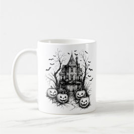 Haunted House Black and White Halloween Koffiemok
