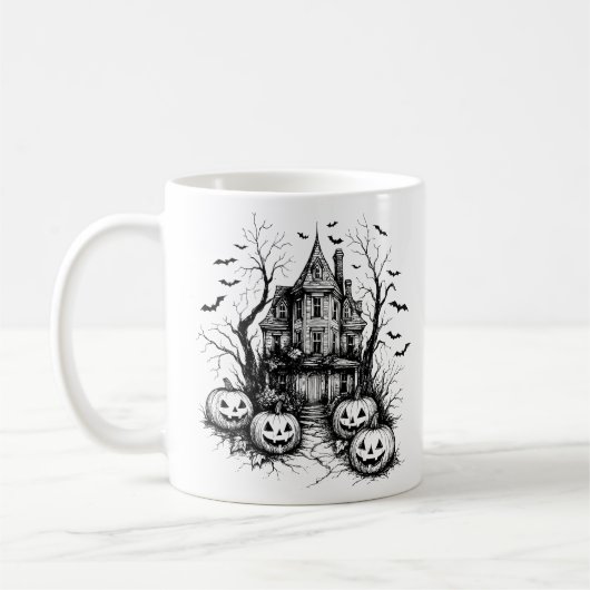 Haunted House Black and White Halloween Koffiemok (Links)