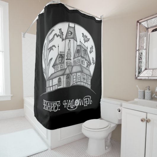 Haunted House en Bats Halloween Douchegordijn (In situ)