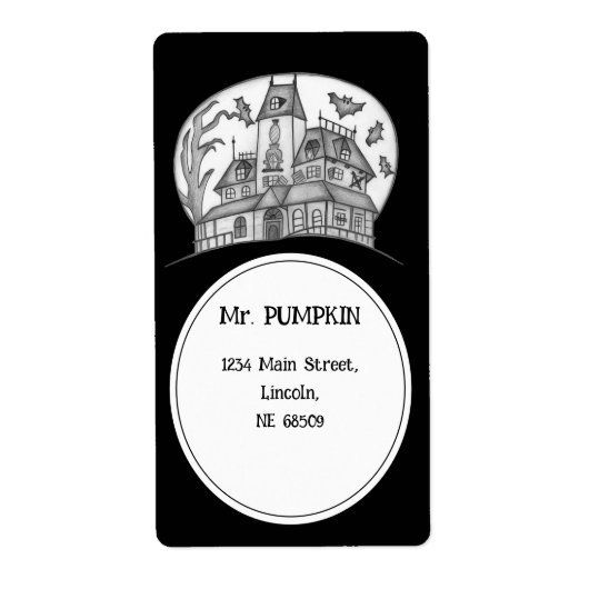Haunted House en Bats Halloween Etiket (Voorkant)